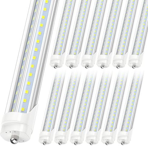 JESLED T8/T10/T12 8FT LED Tube Light, Single Pin FA8 Base, 50W 6000LM 6000K Cool White, Super Bright, 270 Degree V Shaped LED Fluorescent Bulb (130W Equiv.), ETL Listed, Clear, Dual-Ended(12-Pack)