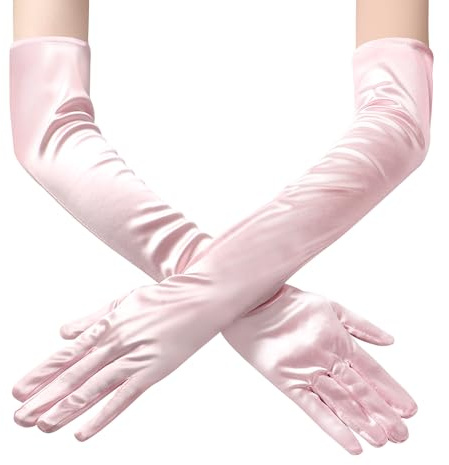 JUNART Lange Satin-Handschuhe, elegante Ellenbogen-Handschuhe für Opernparty, Hochzeit, Abendkleider, Karnevalskostüm, Tanz, Pink, 1 Paar, Einheitsgröße