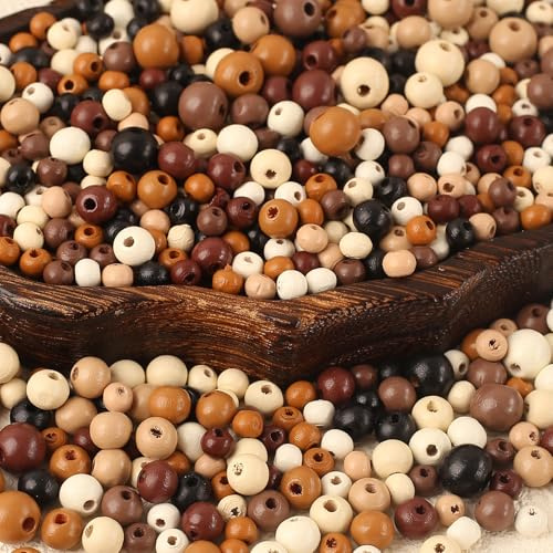HERZONE ca.1200pcs Vintage Holzperlen 6mm 8mm 10mm dunkel-mix zum Auffädeln | Runde Naturholzperlen, geeignet für selbstgestaltete Armbänder, Halsketten und kreative Bastelprojekte.