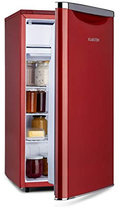 KLARSTEIN Yummy Refrigerador con compartimento congelador,R600a, 42 dB, 1 x estante de rejilla, incluye bandeja de goteo, 90 L, compartimento congelador: 8 litros, refrigerador: 90 L, rojo