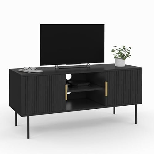IDMarket - Meuble TV 110 cm Marcel 2 Portes Lattes tasseau Bois Noir