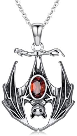BETHZA Collar de murciélago de plata de ley 925 con granate rojo natural, colgante de murciélago gótico de Halloween, joyería de animales para mujer, Plata esterlina, Granate