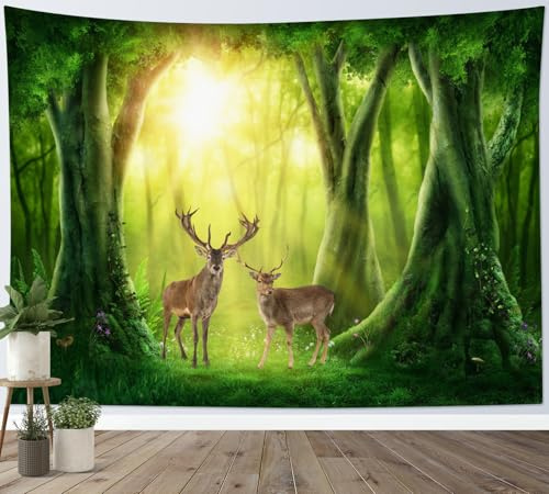 LB Wandteppich Grüner Wald Wandtuch Niedliche Hirsche in Bäumen Wandbehang Märchenhafte Naturszenerie Tapisserie für Wohnzimmer Schlafzimmer Wohnheim Wanddeko,200x150cm