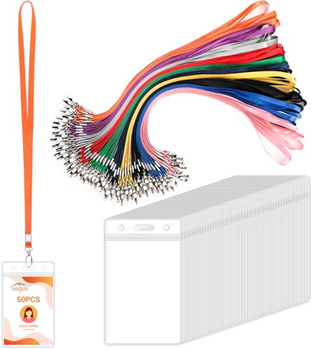Segus Porta Tesserino da Collo, 50 Pezzi Lanyard con Portabadge, Cordino Porta Badge da Collo, Badge Holder Trasparente, per Impresa, Ospedali, Scuola (Verticale)