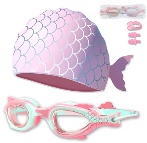 Dwafill Set Occhialini da Nuoto 5 in 1 – Occhialini Antifog con Cuffia, Tappi Per Le Orecchie Da Nuoto, per 3-10 Anni (Pink)