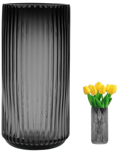 TEUYOE Grau Glas Vase 20 cm, Modern Gerippt Blumenvase für Tischdeko | Schwerer Standfuß für Stabilität,9 cm Durchmesser, für Tulpen, Pampasgras, Orchideen,für Tisch, Regal & Fensterbank