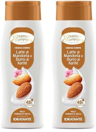 Spuma di Sciampagna Crema Corpo Idratante Latte Di Mandorla E Burro Di Karitè - 250 Ml (Confezione da 2)
