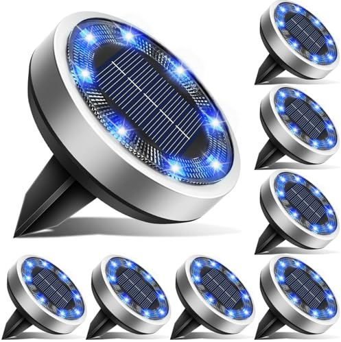 btfarm 8 Pezzi Luci Solari da Giardino, 8 LED Faretti Sepolta Solari a Led da Esterno, Lampade Solare da Terra IP65 Impermeabile per Prato Vialetto Scala Strade Paesaggio, Blu
