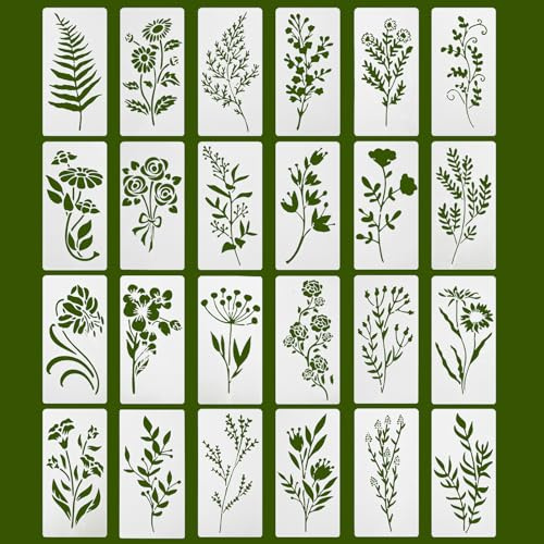 24 Pcs Stencil Plantillas Pintura de Flores y Hojas, Plantilla de Pintura de Naturaleza Reutilizables, Plantilla de Diseño, Plantillas para Pintar en Tela Madera Manualidades, Decoración Hogar Pared