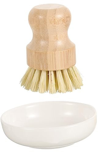 IMIKEYA Kitchen Brush and Dish Scrubber with Ceramic Holder, Wooden Palm Brush for Cleaning Pots, Pans, Skillets, Bathroom Fixtures and Countertops