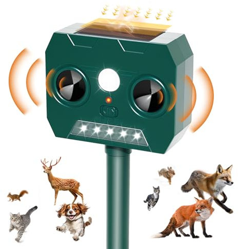 RAYGARD Dissuasore Gatti, 2025 Repellente per Volpi Ultrasonico Solare con Luce LED, 12m 120° Dissuasori per Piccioni Giardino IP45 Impermeabile per Gatti Martore Volpi Cani Procioni