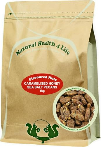 Natural Health 4 Life Caramelised Honey Sea Salted Pecan Nuts 1kg – Crunchy Caramelised Nut Halves Source of Protein and Fibre – Vegetarian Snack in Recyclable Kraft Pouch, Made in UK (1 Pouch)