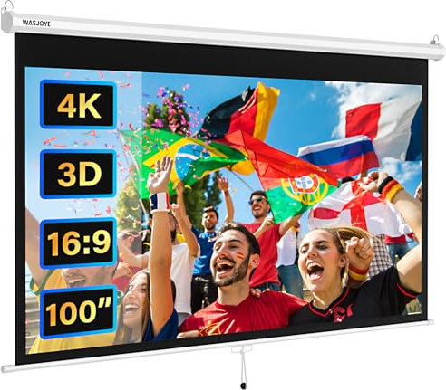 WASJOYE Manuale Telo Proiettore Avvolgibile - Universale 100 Pollici Roll-Down Schermo Proiettore Retrattile w/Auto-Locking, Projector Screen Altezza dello Schermo Regolabile, Bordo Nero Maschera