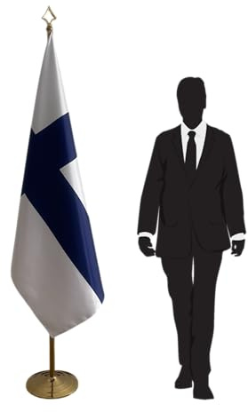 Bandiera Finlandia per interni con palo e base – poliestere leggero e resistente, ideale per ufficio, scuola o sala conferenze. Codice CN6-FI-L