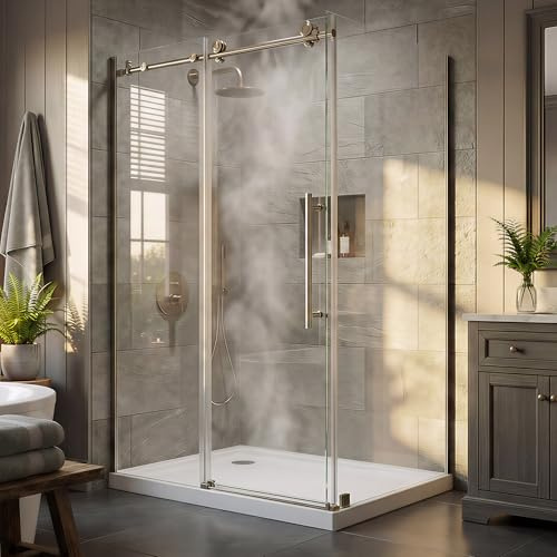 44-48”W x 32D x 72H Frameless Shower Enclosure, Sliding Corner Shower Door, SGCC 8mm (5/16) Tempered Glass, Buffer System, Stainless Handle&Tracks, Leak-Proof, Easy Installation, Brushed Nickel