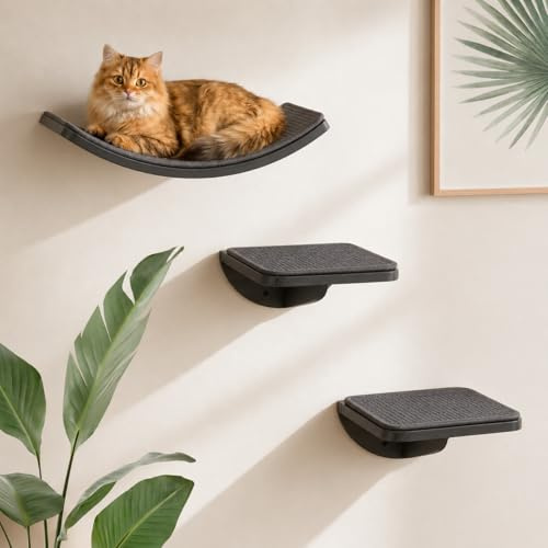 Kattklättringsram set med klösmatta, väggmonterat kattmöbelset med 2 steg och böjda plattformar, katthyllor i trä för att sova och leka