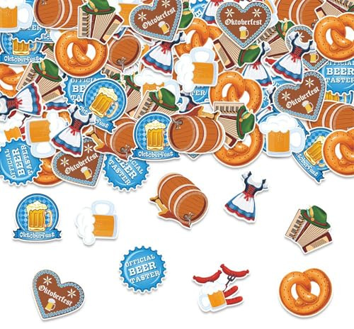 100 Stück Bayrisch Holz Oktoberfest Deko Oktoberfest Party Streudeko Holz | Hochwertiges Holz Tischdeko Bayrische Deko, Farbig Bedruckt | Herz Bierkrug Breze usw | Wiederverwendbar & Geruchsfrei