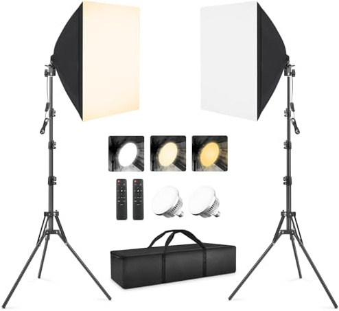 Softbox Photography Lighting Kit, Heorryn 85W Continuous Soft box Light with Remote Control 2700K-6400K LED Bulbs,Dimmable Studio Lights for Live Streaming Video Recording TikTok YouTube (40cm 2 Pack)