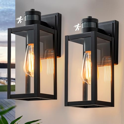 FTL Motion Sensor Outdoor Lights 2 Pack, Dusk Till Dawn Porch Lighting, 3 Modes Exterior Sensor Wall Lantern, E27 Outside Wall Lamp for Patio, PIR Motion Activated, IP44 Waterproof, Matteblack
