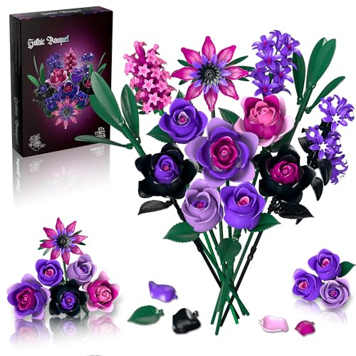 Purple Roses Bouquet Building Set for Adults Women Teengirls Artificial Flowers Botanical Collection Blocks Kit