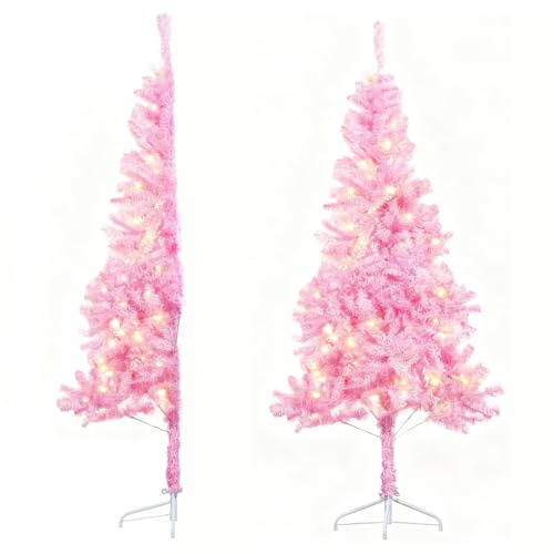 6FT Artificial Half Christmas Tree with Lights Green Easy to Assemble,Comes with a Sturdy Metal Stand Space saving, for Christmas corner decorations and Christmas party decorations (Pink)