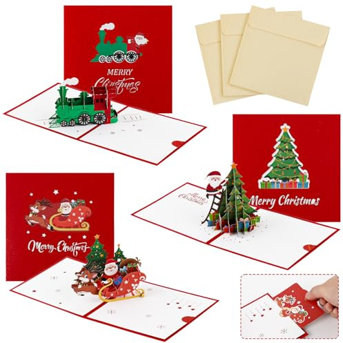 Weihnachtskarten mit Umschlag Set,3 Stk Pop up karte Weihnachten,3d Weihnachtskarten,Weihnachtskarte Kinder Lustig,Geschenkkarte Weihnachten mit Weihnachtszug,Weihnachtsbaum,Weihnachtsmannkutsche