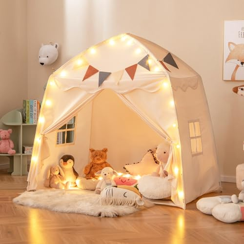 Maxmass Large Kids Play Tent, Toddler Playhouse with String Lights, Flag Banner, 2 Windows, Indoor Outdoor Castle Fairy Children Play House for Boys Girls, 157 x 98 x 148cm (Beige)