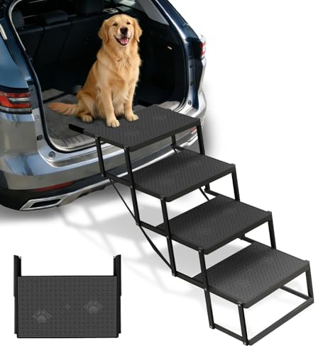 Dog Steps for Car, Truck, SUV, Dog Stairs for Car with Upgraded Non-Slip Surface, Foldable Dog Ramp for Car, Pet Stairs for Large Dogs, 4 Steps