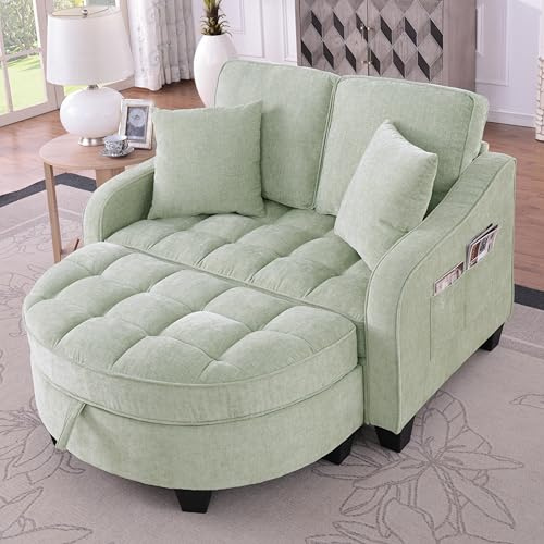 HMHKHN Sofa mit Schlaffunktion, Sofa Klein, Chaiselongue, 2-in-1 Schlafsofa, Aufbewahrungs-Hocker & 4 Kisse, für Kleine Wohnzimmer, Studienzimmer, Schlafzimmer, 132×129×93cm (Cyan)