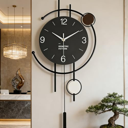 Coslife Metal Wall Clock with Pendulum- Wall Clock for Living Room, Bedroom & Office -Non-Ticking Silent Battery-Operated Clock Home Decor