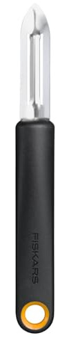 Fiskars Functional Form Pelador con cuchilla fija, Pelador universal para frutas y verduras, Punta afilada, Cuchilla de acero inoxidable/Mango de plástico, Negro/Naranja, 1079907