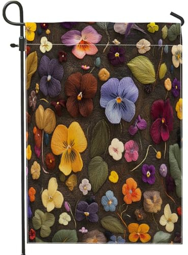 Banderas de jardín de flores de pensamiento de primavera de 12 x 18 pulgadas, doble cara para decoración exterior, temática de tejer, flores, bandera de casa de lona, divertida bandera vintage para