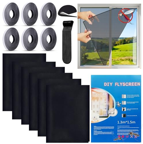 6 Stück Fliegengitter Fenster 130x150 Cm Zuschneidbares Moskitonetz Aus Polyester Mit Selbstklebendem Klettband, Waschbar Und Wiederverwendbar (6er-Packung schwarz)