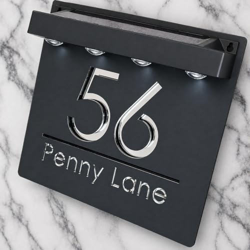 K Smart Sign | Bellissima S1 LED F31 | Square Solar Light House Signs Door Number Plaques With LED Personalised Name Address Sign For Wall (Matt Black & Silver Mirror)