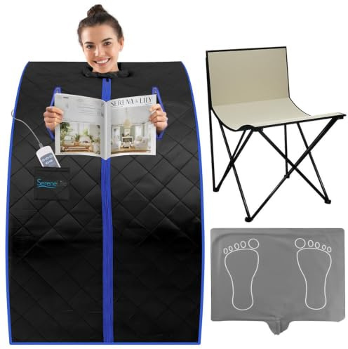 SereneLife Tente Portable à Vapeur et Infrarouge pour la Maison – Boîte de Spa d'intérieur pour Une Personne avec Coussin Chauffant pour Les Pieds, Chaise Pliable et télécommande pour la Relaxation