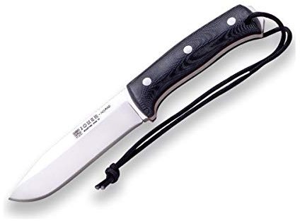 Joker Überlebensmesser Nomad CM125, Micarta Canvas Griff, Gürtelmesser mit 12,7 cm Klinge aus Böhler N695 Stahl, schwarze Lederscheide, Werkzeug zum Angeln, Jagen, Camping und Wandern