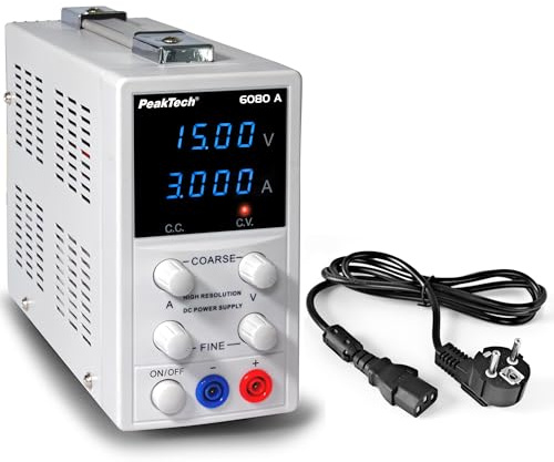 PeakTech 6080 A – Fuente de alimentación de laboratorio digital de alta precisión, 0-15 V / 0-3 A CC, protección contra cortocircuitos y sobrecarga, diseño de caja sin ventilador, pantalla LCD con luz