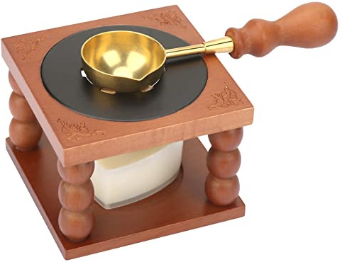 Ejoyous Siegelwachs-Siegelwärmer/Schmelzset, Holzwachs Wachserwärmer, Holzständer, Wachsheiztopf mit Schmelzlöffel und weißen Kerzen für Kunst Basteln Wachssiegel Stempel für Wachssiegelstempel