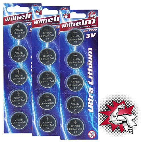 Wilhelm CR2430 Lithium Knopfzellen 3V 270 mAh, ø24 x 3 mm – 15 Stück