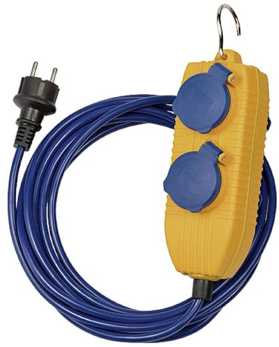 Brennenstuhl Verlängerungskabel mit 4-Fach Verteiler (5m Stromkabel in blau für den kurzfristigen Einsatz im Freien, IP54, mit klappbarem Metallhaken)