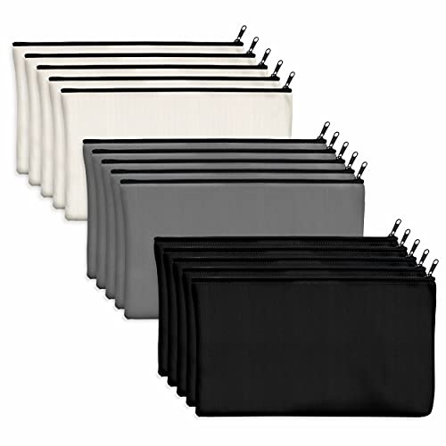 Vantasii 15 Stück Taschen aus Baumwoll-Leinwand mit Reißverschluss,als Beutel oder Federmäppchen,für DIY-Heimarbeit, Make-up-/ Kosmetik-/Toilettenartikel (Schwarz+Grau+Weiß