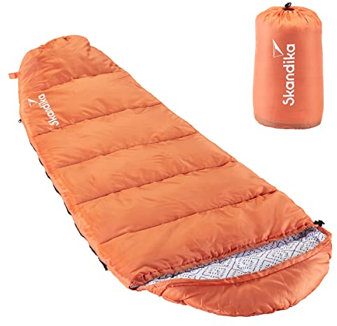 Skandika Vegas Junior Kinderschlafsack | Outdoor Camping Schlafsack für Kinder, weiches Innenfutter, kuschelig weich, wasserabweisend, Komfortbereich von 12 bis 3°C, 170 x 70 cm (orange)