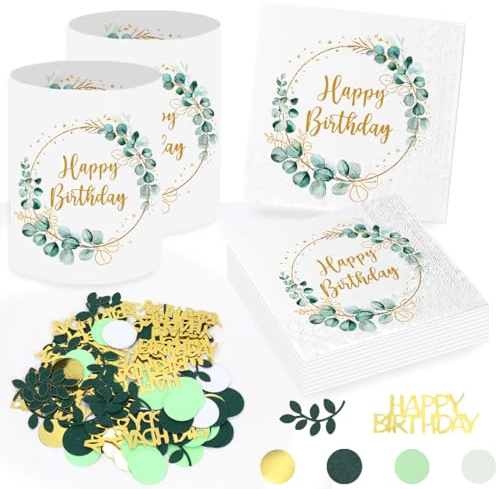 20 Stück Servietten Geburtstag Eukalyptus+ 12 Stück Windlicht Tischdeko Geburtstag, Servietten Happy Birthday mit Eukalyptus Konfetti Tischdeko, Geburtstagsdeko Tisch Grün Deko