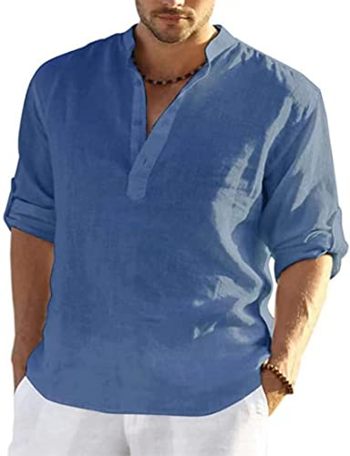 PADOLA Chemise Homme en Lin - Col Mao, Manches Longues, Uni Henley, Shirts de Plage Classique et Casual pour Été, Grande Taille, Décontractée