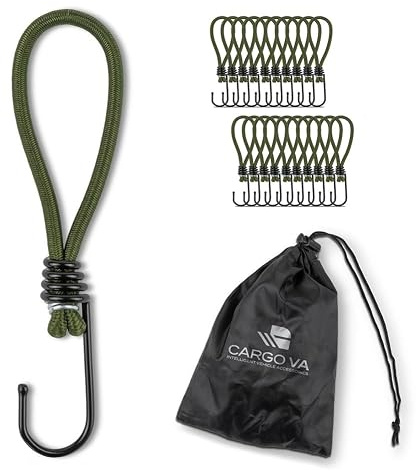 CargoVA® - 20 Tendeur Elastique de Tension avec Crochet et Sac Pratique - Crochets D'extenseur pour Bâches et Filets Vert Olive - Sandow Elastique Longueur 18cm [20 pièces]