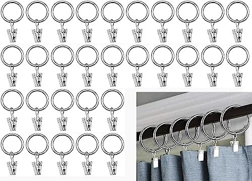 CHUANGOU 30 Pezzi Anelli per Tende，Anello per Tende in Metallo，38mm Diametro Interno,Anello per Tenda con Clip Set Antiruggine Metallo.（Plata）