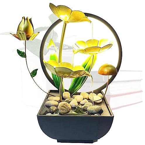 Zimmerbrunnen,3-stufiger Wasserfall Brunnen,Lotusblume Desktop-Wasser-Brunnen,Meditationsbrunnen mit Sand Steinen und LED Beleuchtung,für Meditation und Entspannung,Zuhause/Büro Dekoration (Stil 2)