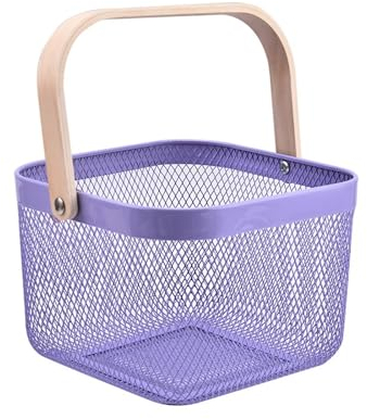 Gluhbirnen Körbchen mit Henkel, Netz Stahl Lagerung Aufbewahrungskorb, Aufbewahrungskorb Metall,Tragekorb, Ideal für Küche, Bad, Speisekammer, Regale, 21*21*18CM, Lila