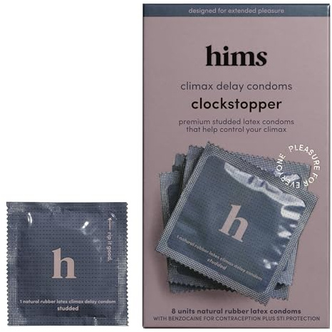 HIMS Clockstopper Climax Delay Condoms - Benzocaine 4.5% Desensitizing Lubricant - Textured, Fragrance-Free Latex Condoms for Men - Comfortable Fit - Individually Packaged, 8 Count