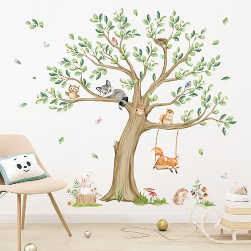 wondever Pegatinas de Pared Infantiles Arbol Grande Adhesivos Decorativos | Animales del Bosque Zorro Conejo Lechuza Vinilos Pared para Habitación Infantiles Niños Guardería Aula